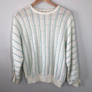 VINTAGE White Balloon Sleeve Knit Sweater  with Metallic Blue Stripes